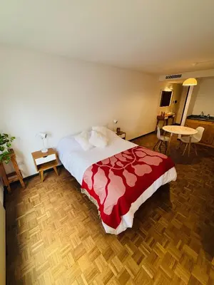a bedroom with a large bed with a red blanket at Hermoso Apartamento en Edificio Saint Michel in Cordoba