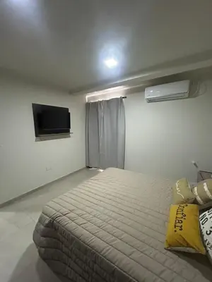 a bedroom with a bed and a flat screen tv at Miralejos Apart Triplex in Villa Carlos Paz