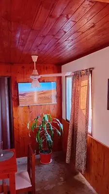 a living room with a potted plant and a wooden ceiling at El Vergel in Santa María