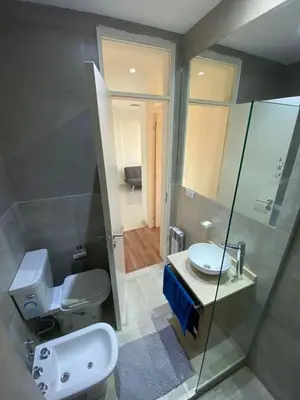 a bathroom with a toilet and a sink and a shower at Dalcar Apart in Río Cuarto