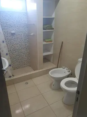 a bathroom with a white toilet and a shower at HERMOSO DEPARTAMENTO EN QUINES in Quines