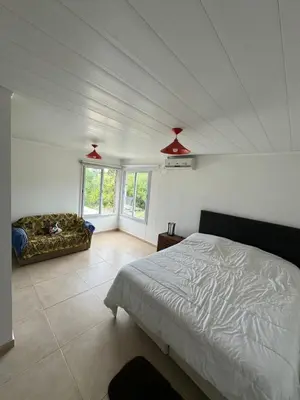 a bedroom with a bed and a couch in it at El Sauce in La Cumbrecita