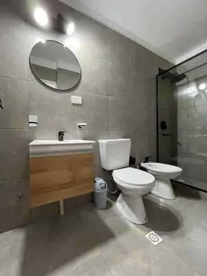 a bathroom with a toilet and a sink and a mirror at Departamento Pleno Centro de Córdoba Capital in Cordoba