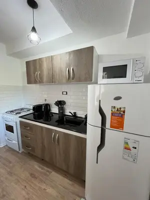 a kitchen with a white refrigerator and a microwave at Departamento Pleno Centro de Córdoba Capital in Cordoba