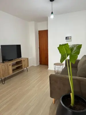 a living room with a couch and a plant at Departamento Pleno Centro de Córdoba Capital in Cordoba