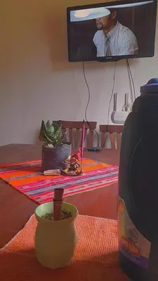 a living room with a tv and a vase on a table at Casa en Boca del Río in Las Tapias