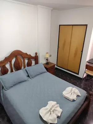 a bedroom with a bed with two towels on it at Victor Hotel in Villa Carlos Paz