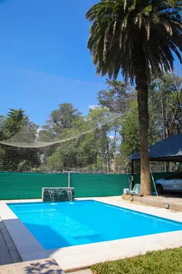 a swimming pool with a palm tree next to a fence at Village Vistello in Cordoba