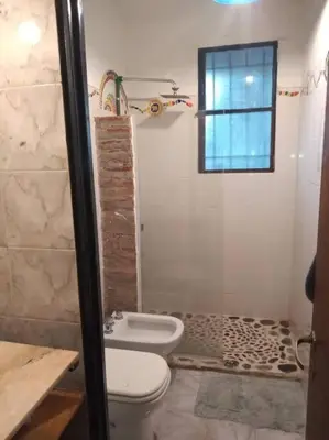 a bathroom with a toilet and a shower with a window at Colores de arguello in Cordoba