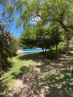 a yard with trees and a blue swimming pool at Hospedaje FliaMaria in San Javier