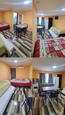 four images of a hotel room with beds and a table at Atardecer Soñado in Villa Cura Brochero