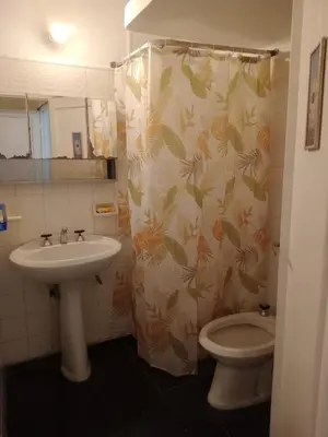 a bathroom with a sink and a toilet and a shower curtain at Being in Cordoba