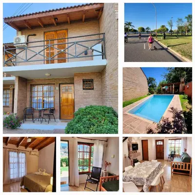 a collage of photos with a house and a pool at Vacaciones Diferentes 25 de Mayo in Villa Carlos Paz