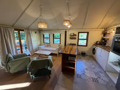 an aerial view of a kitchen and living room in a room at Casa Playa Mansa in Mina Clavero