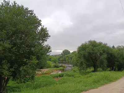 a dirt road next to a river with trees at Casa de Beto Estancia Vieja in Estancia Vieja