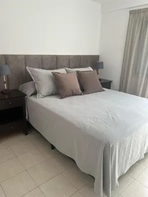 a large bed in a bedroom with two tables and a bedspread at Depto 3 in Villa Carlos Paz