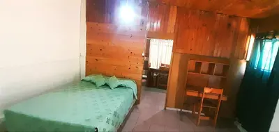 a bedroom with a green bed and a wooden wall at Dpto en Santa María de Punilla in Cordoba