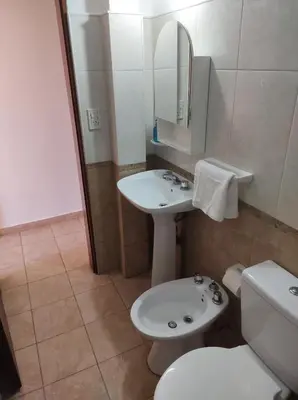 a bathroom with a sink and a toilet and a mirror at Departamento céntrico in Río Cuarto