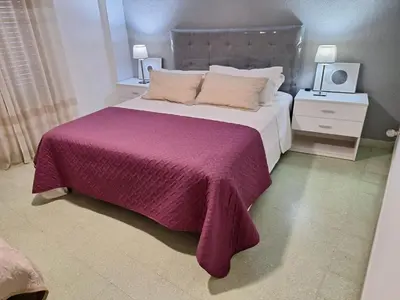 a bedroom with a large bed with a purple blanket at Depto Carlos I in Villa Carlos Paz