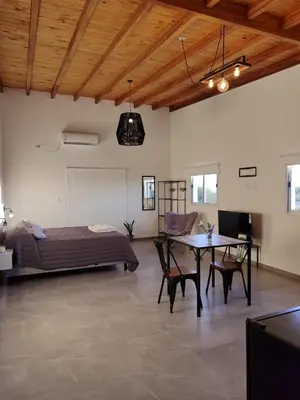 a bedroom with a bed and a table in a room at TERRAZA TERRAZA Merlo Apartments in Merlo
