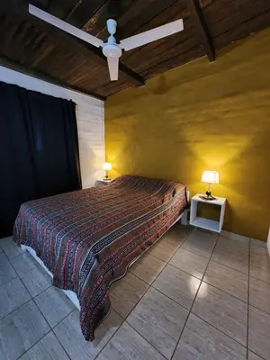 a bedroom with a bed and a ceiling fan at La Vivi in Villa Larca