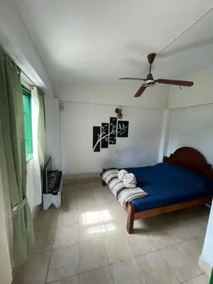 a bedroom with a blue bed and a ceiling fan at Petit House in Villa Carlos Paz
