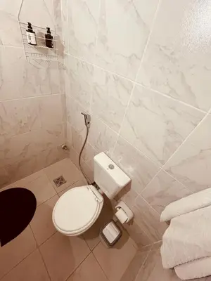 a bathroom with a toilet and towels in it at Departamento moderno Zona centro in Cordoba