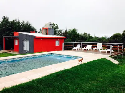 a dog standing next to a swimming pool with a house at Jasy Cabañas in Potrero de Garay