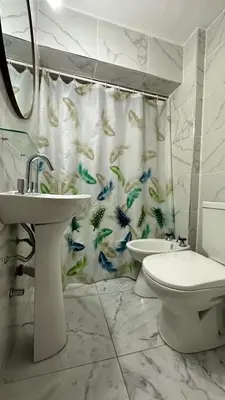 a bathroom with a toilet and a shower curtain at Hotel Bristol in Cordoba