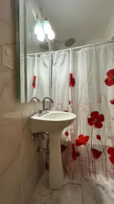 a bathroom with a sink and a shower curtain with red flowers at Hotel Bristol in Cordoba