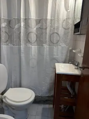 a bathroom with a toilet and a sink and a shower curtain at Alejandro Carbo in Cordoba