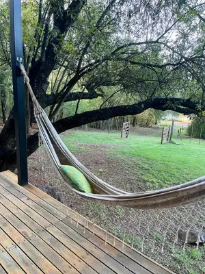 a hammock in a field with a tree at Casa Container Embalsina Villa del Dique in Villa del Dique