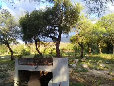 a fireplace in a field with trees in the background at Cabaña de Emma in Villa de Las Rosas