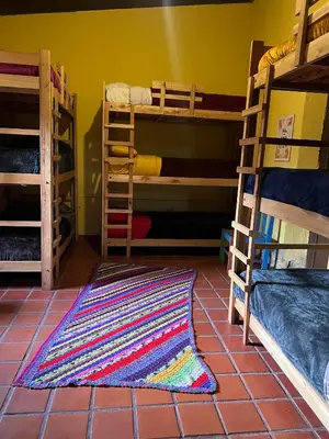 a room with bunk beds and a rug on the floor at Hostel del pueblo in Amboy