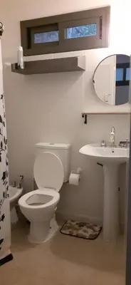 a bathroom with a toilet and a sink and a mirror at Vista Alago in Villa Ciudad Parque