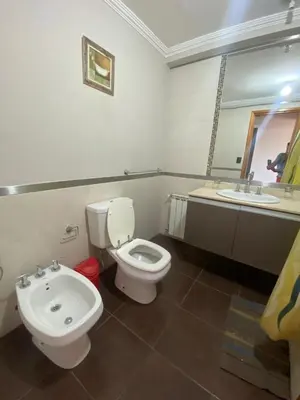 a bathroom with a toilet and a sink and a mirror at Depto en pleno centro con pileta, cochera, hermosa vista in Villa Carlos Paz