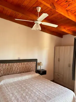 a bedroom with a ceiling fan and a bed at El 8 del mirador in Villa Santa Cruz del Lago