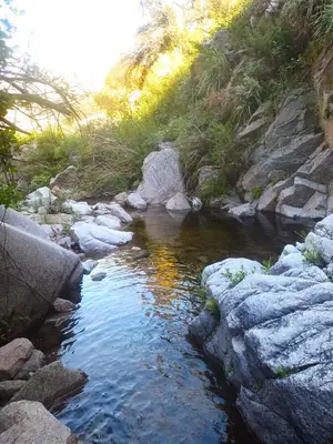 a stream of water with rocks on a hill at Cabaña Los Espinillos in Cortaderas