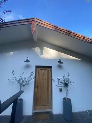 a door on a white building with two plants at Casa Raíz Cumbrecita in La Cumbrecita