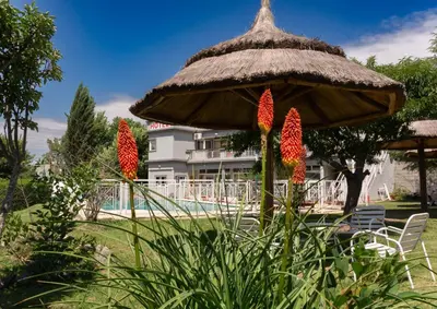 a large umbrella with red flowers in front of a pool at Nuevo Hotel Carmel in Villa Carlos Paz