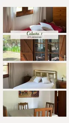 two pictures of a bedroom with a bed and a table at Cabañas La Victoria, Las Calles, Traslasierras, Córdoba in Las Rabonas
