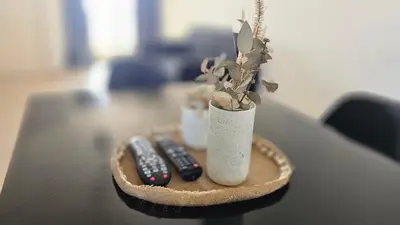 a table with two remote controls and a vase with a plant at ALTOS DE COLON in Cordoba