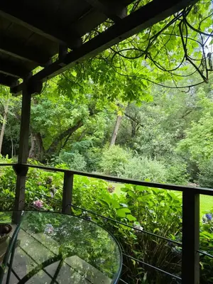 a glass table with a view of a garden at Hotel Loma Bola in La Paz