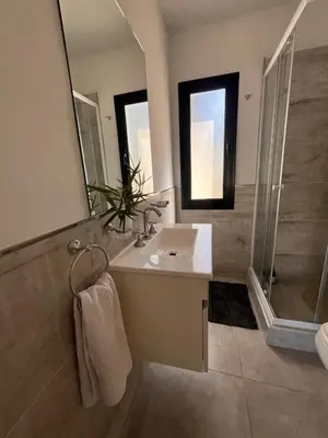 a bathroom with a sink and a shower and a mirror at Sierras VGB Centro in Villa General Belgrano