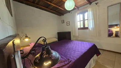 a bedroom with a purple bed with a lamp on it at La Pasionaria in La Rancherita