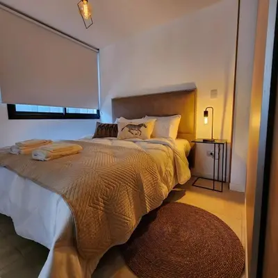 a bedroom with a large bed and a rug at Loft en Güemes Piso 9 in Cordoba