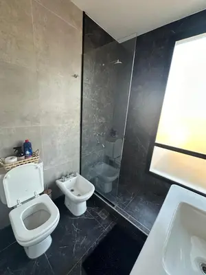 a bathroom with a toilet and a shower and a sink at villa marina in Villa General Belgrano