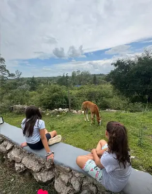 three girls sitting on a ledge looking at a horse at La Caballeriza Hostel in Tanti Nuevo