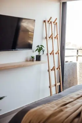 a bedroom with a television and a plant on a shelf at Tu espacio en la Cuidad in Cordoba