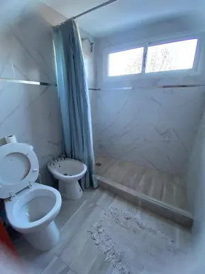 a bathroom with a toilet and a shower with a window at Cuatro vientos 2 in Santa Rosa de Calamuchita
